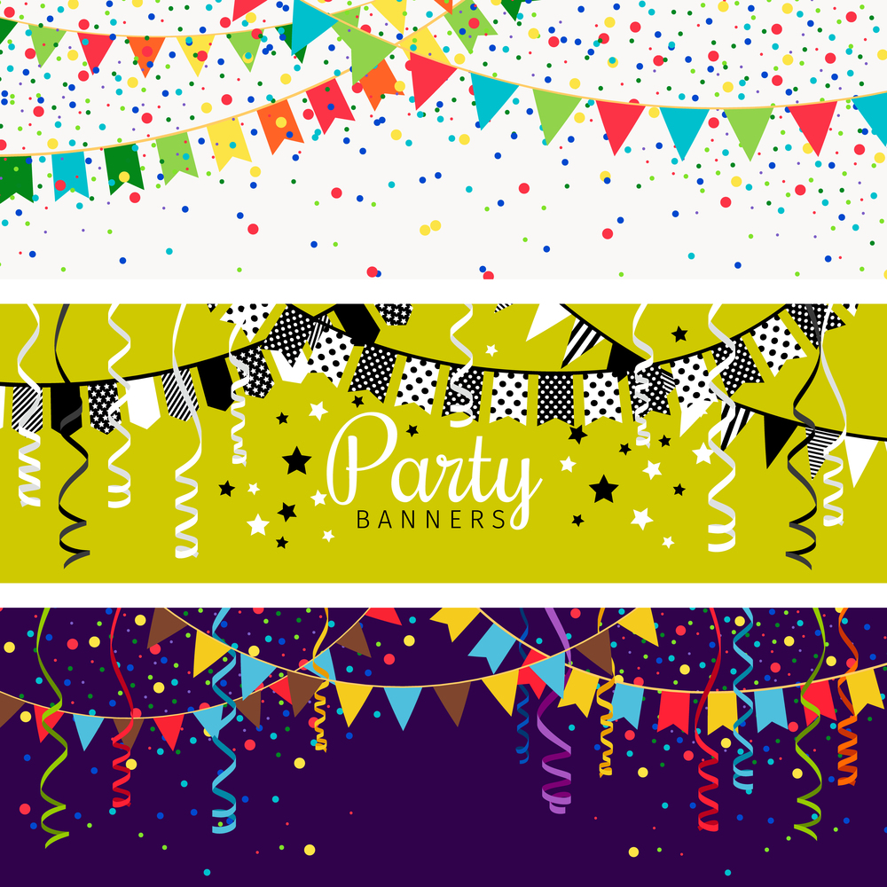 Party banners with garland of colour flags and confetti. Happy festive celebration background vector illustration. Party banners with garland of colour flags and confetti. Happy festive celebration background