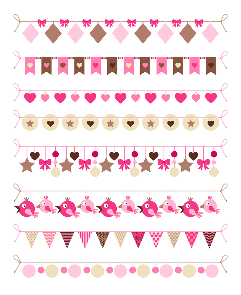 Pink colors bounting flags and hearts and birds decorative elements on white background. Vector illustration. Pink colors bounting flags