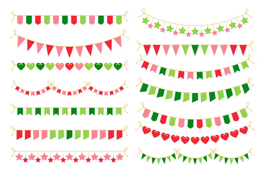Colorful garlands with flags. Carnival design elements for congratulation banners and birthday invitations vector illustration. Colorful garlands with flags. Carnival design elements for congratulation banners and birthday invitations