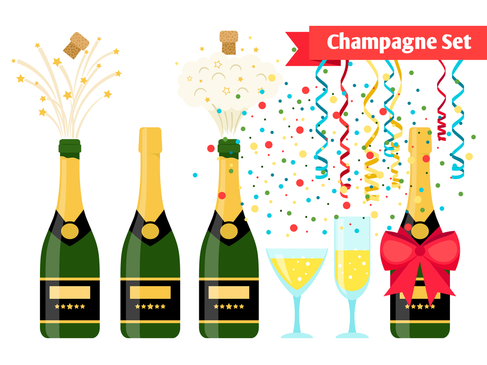 Champagnes party elements. Champagne bottle explosion, serpentine ribbons, confetti and glasses with sparkling wine isolated on white background. Champagnes party elements. Champagne bottle and glasses with sparkling wine
