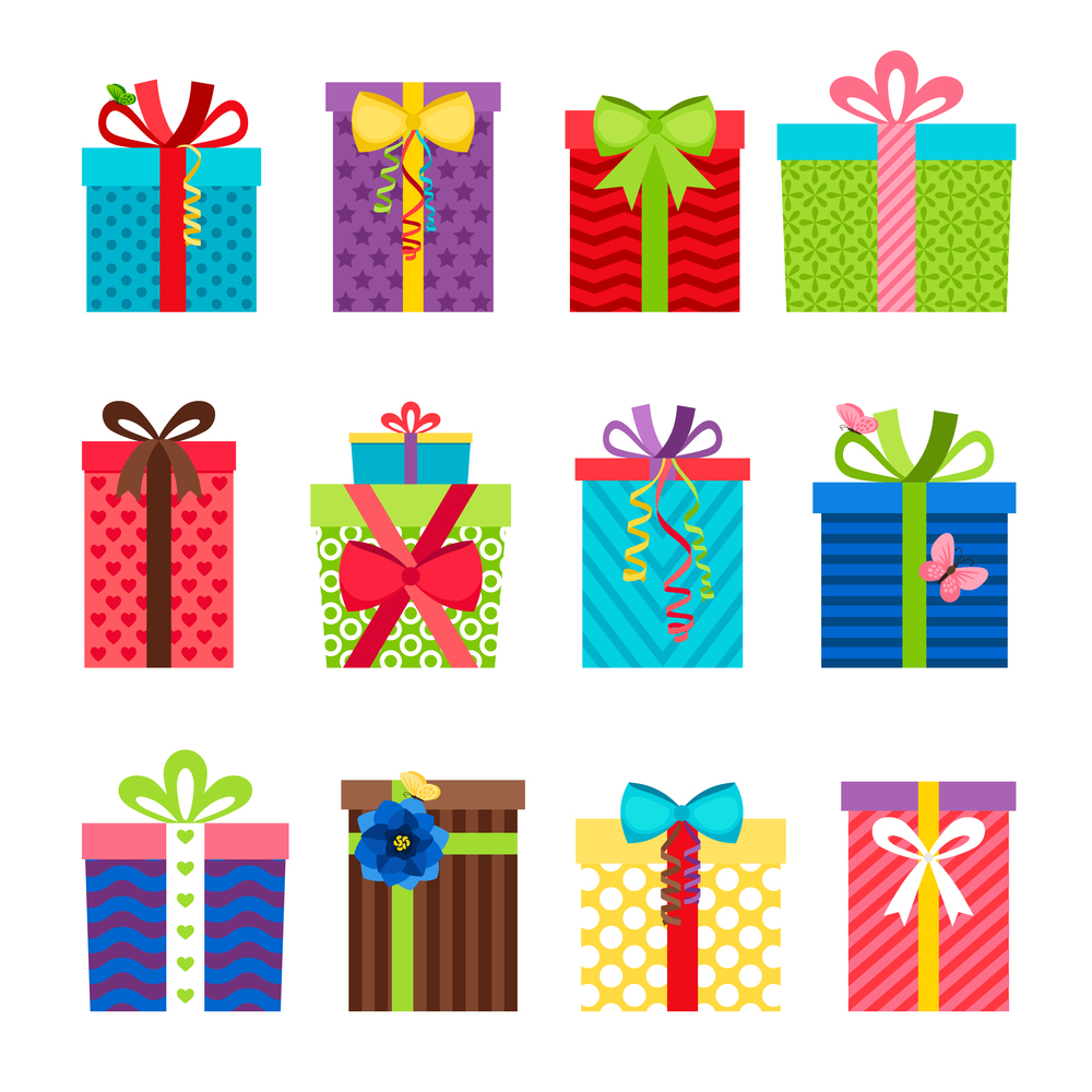 Colorful gift boxes with ribbons set on white background. Vector illustration. Colorful gift boxes with ribbons set