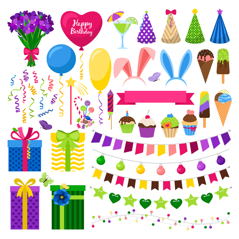 Party colorful icons set vector illustration. Gift boxes partu hats, bounting flags and sweet cupcakes. Party colorful icons set