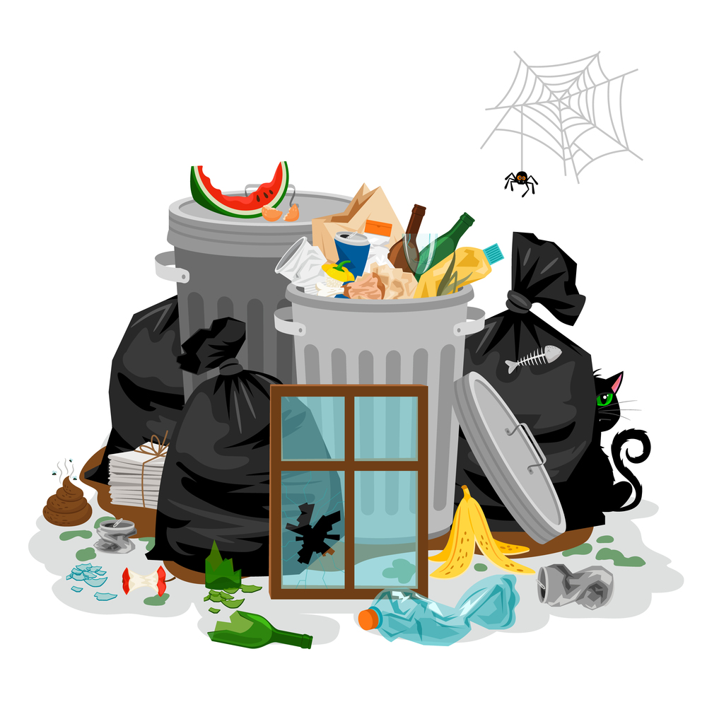Pile of garbage isolated in white. Littering waste concept with with organic and household rubbish and trash vector illustration. Pile of garbage isolated in white. Littering waste concept with with organic and household rubbish and trash