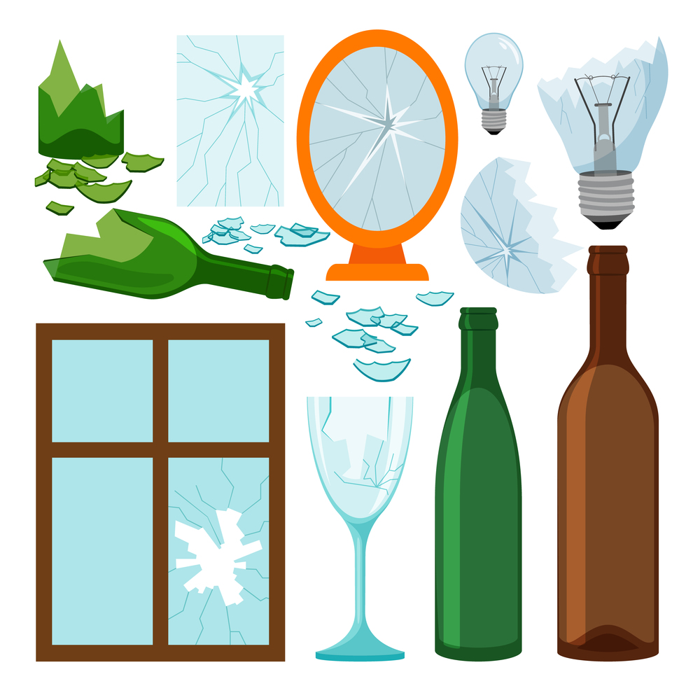 Glass garbage collection, empty bottles, brokem mirror and window, light bulbs vector icons. Glass garbage collection