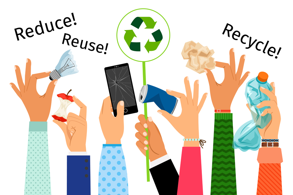 Raised hands with trash and recycle sign, vector illustration. Hands with trash and recycle sign
