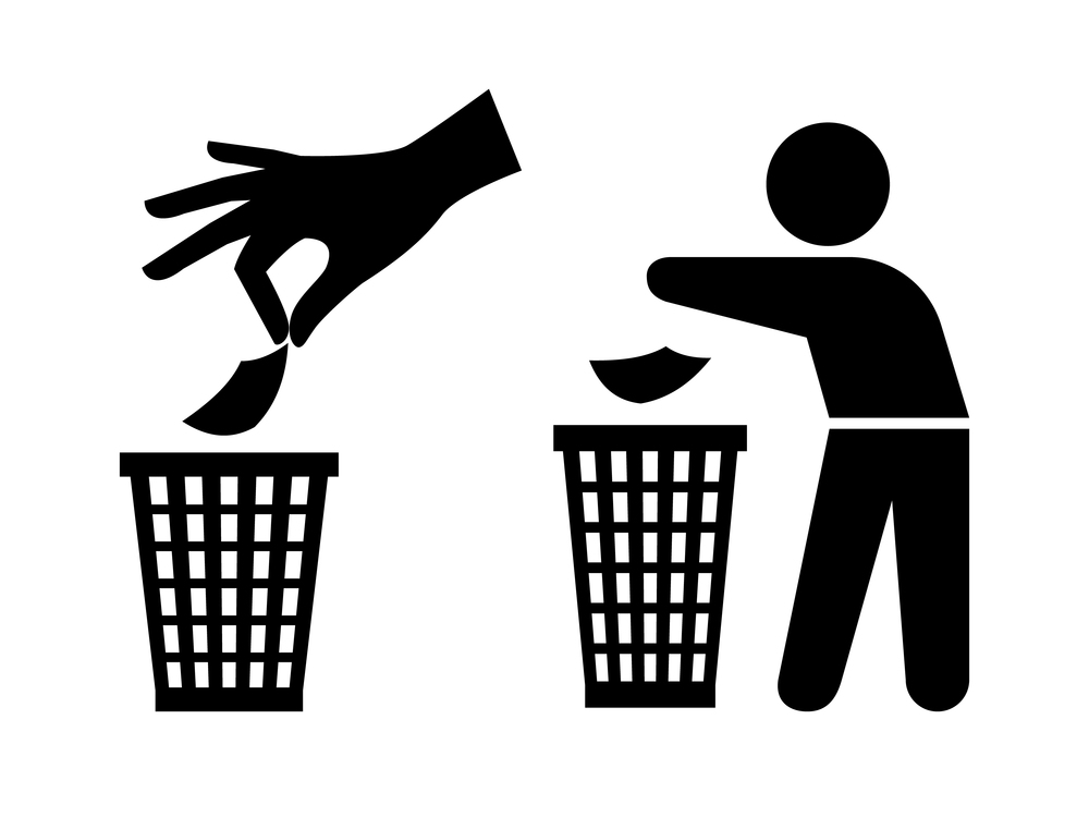 Throwing garbage icons. Tidy man or do not litter symbols, keep clean and dispose of carefully and thoughtfully vector signs. Tidy man or do not litter symbols, keep clean and dispose of carefully and thoughtfully signs