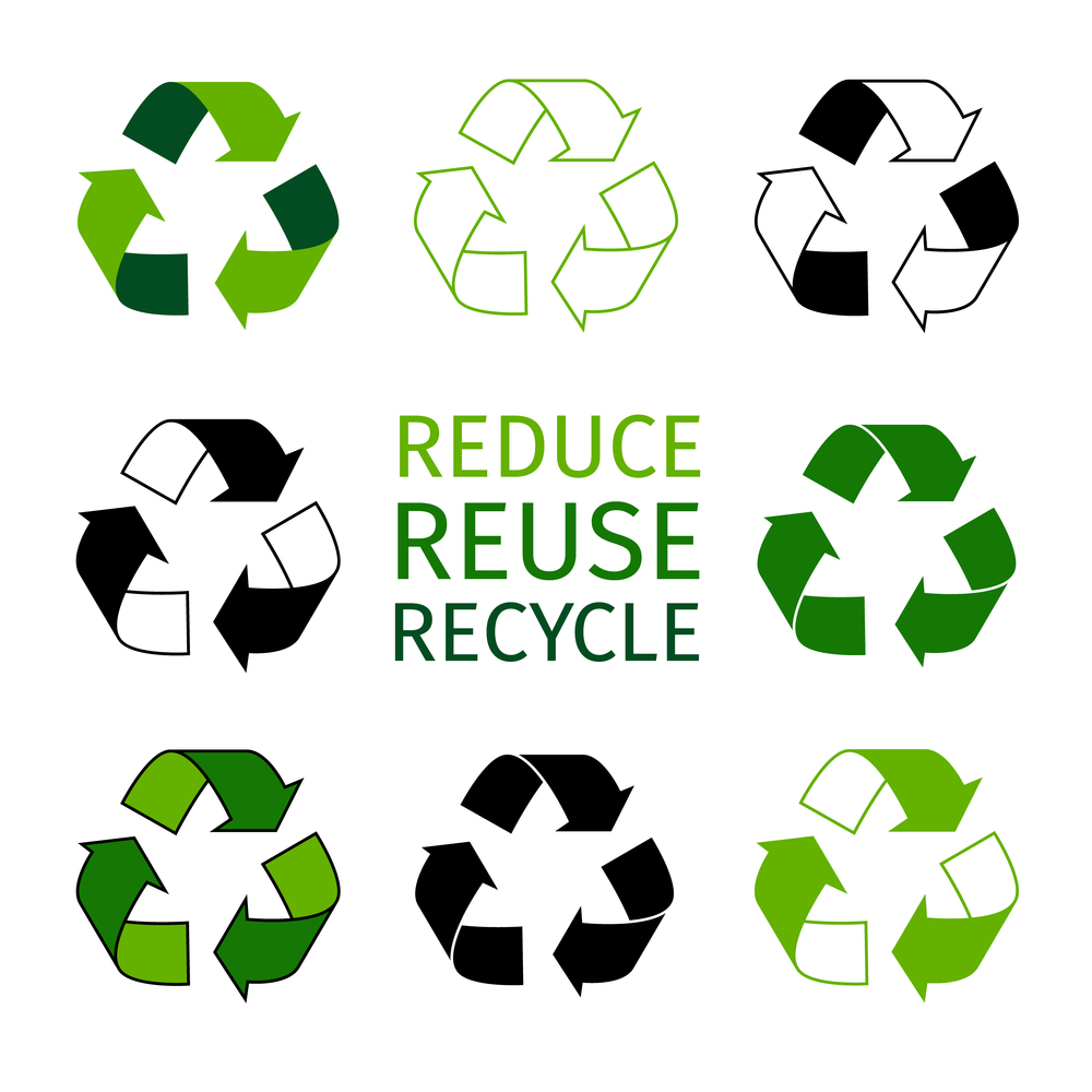 Reduce reuse recycle logotype set. Green arrows recycle eco symbols. Recycled materials vector icons. Reduce reuse recycle logotype set. Green arrows recycle eco symbols