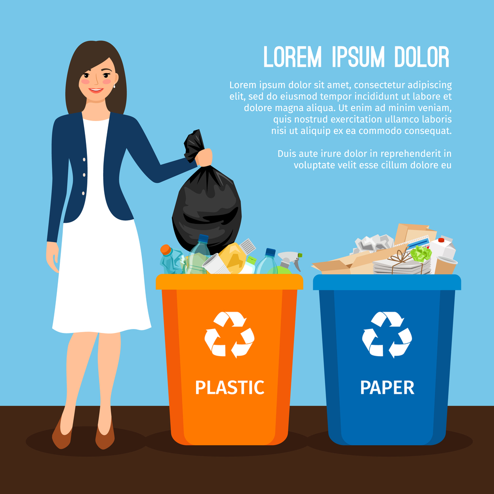 Woman with trash vector illustration. Keep clean and garbage sorting concept. Woman with trash. Keep clean and garbage sorting concept
