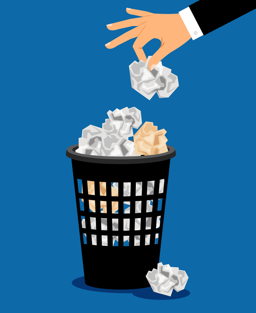 Businessman hand put paper in office trash recycle bin for garbage, vector illustration. Businessman hand put paper in trash