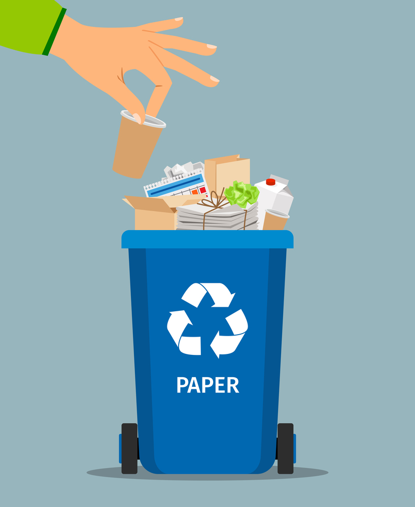 Woman hand throws garbage into a paper container, vector illustration. Woman hand throws garbage