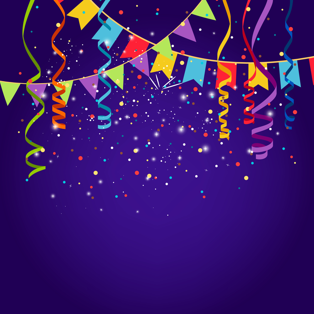 Celebration purple background with bounting flags, vector illustration. Celebration purple background
