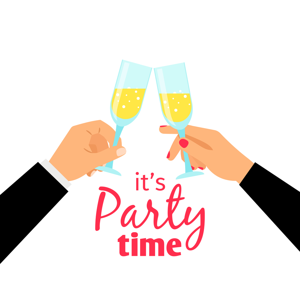 Hand holding champagne glass, success concept, vector illustration. Hands holding champagne glasses