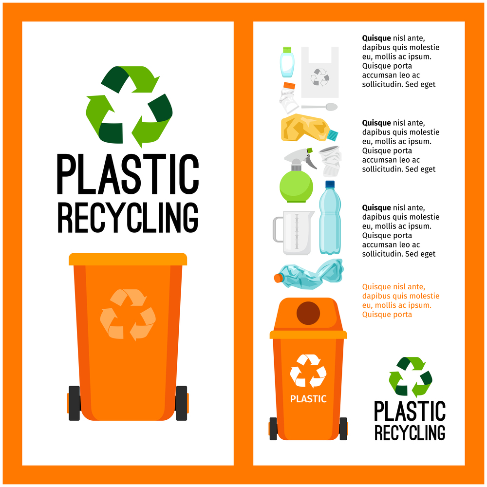Garbage orange container info with plastic trash elements, vector illustration. Garbage orange container info with plastic