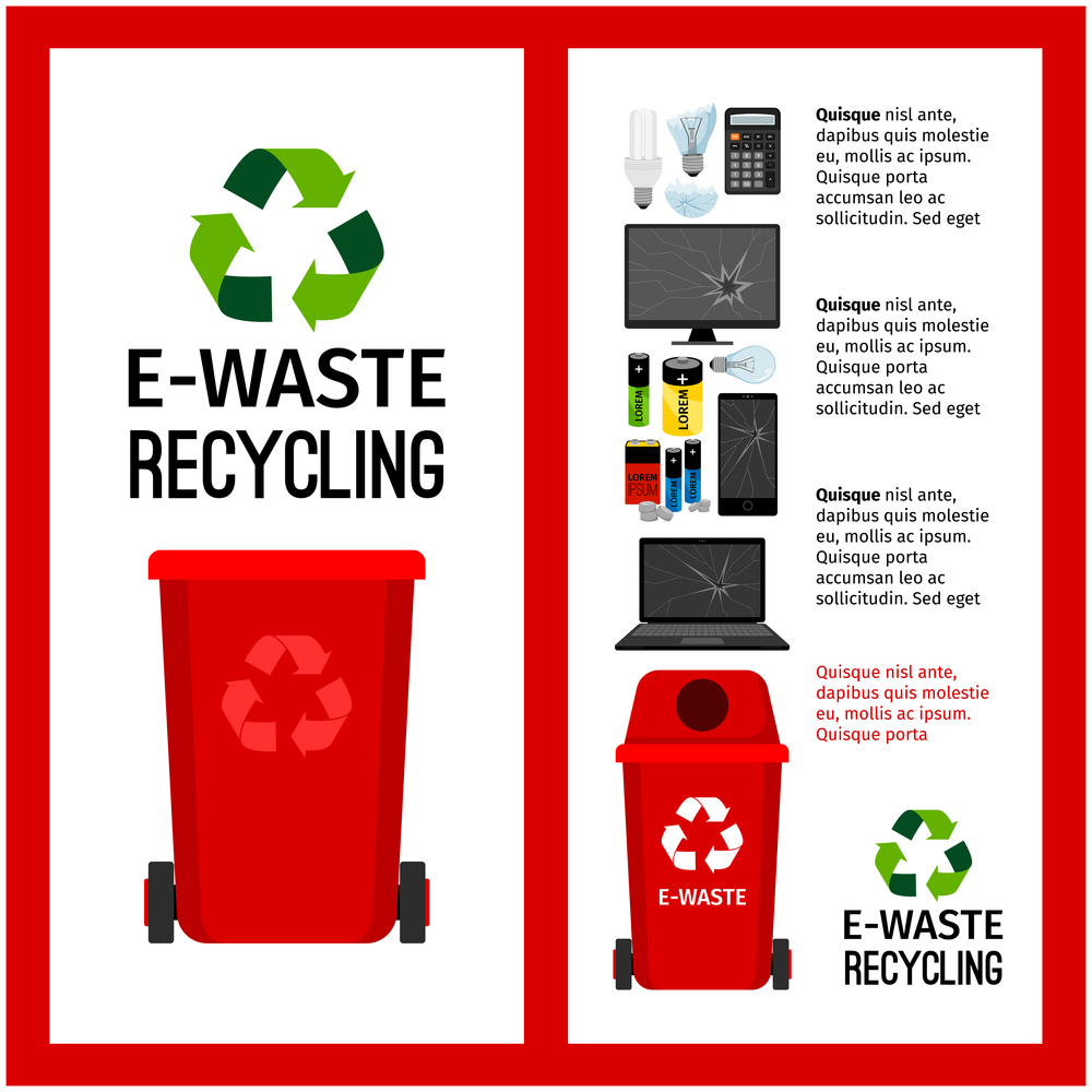 Garbage red container info with e-waste trash elements, vector illustration. Garbage red container info with e-waste