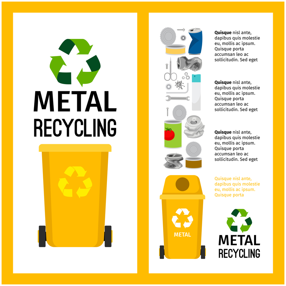 Garbage yellow container info with metal trash elements, vector illustration. Garbage yellow container with metal