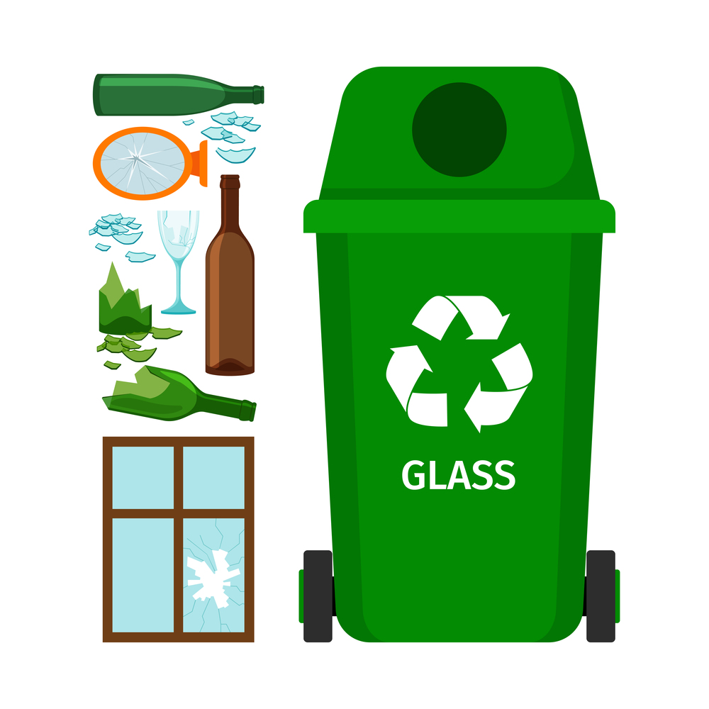 Green garbage can with glass garbage elements, vector illustration. Green garbage can with glass