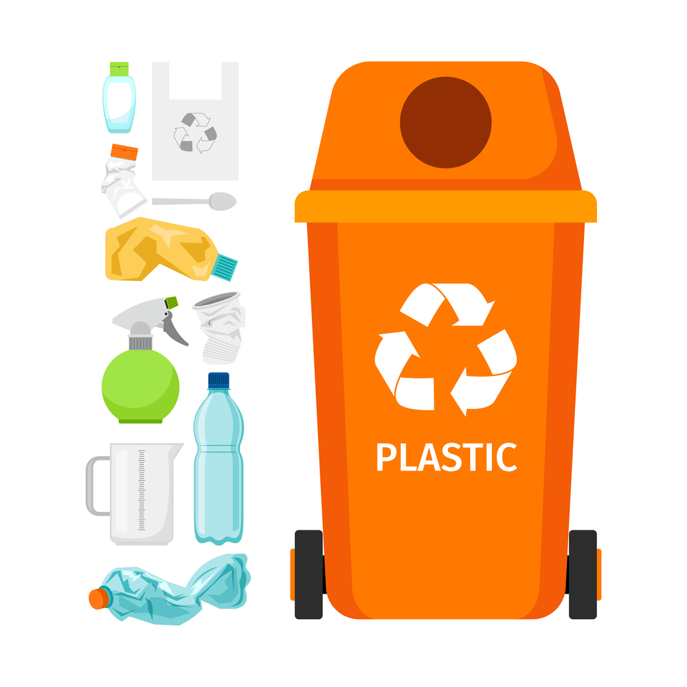 Orange garbage can with plastic garbage elements, vector illustration. Orange garbage can with plastic