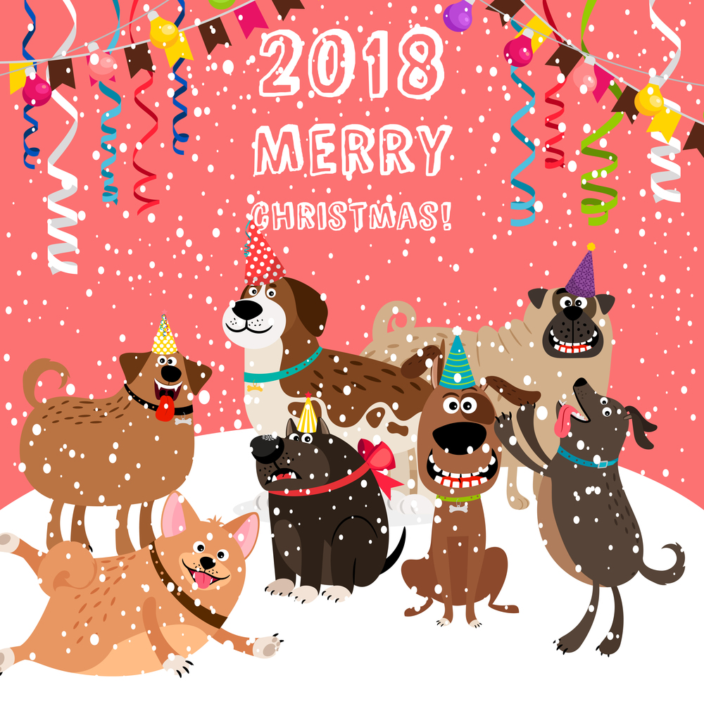 Pink greeting card 2018 merry christmas with party dogs, vector illustration. 2018 christmas card with dogs party