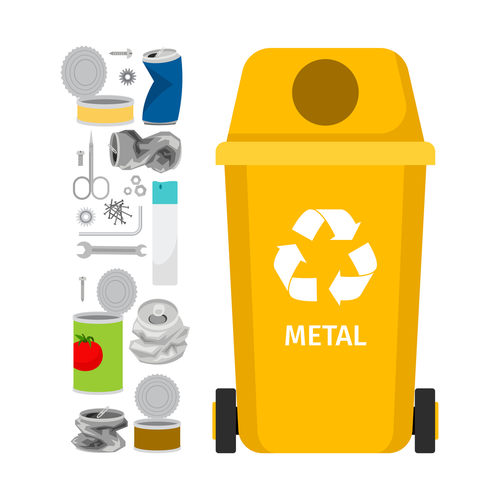 Yellow garbage can with metal garbage elements, vector illustration. Yellow garbage can with metal trash