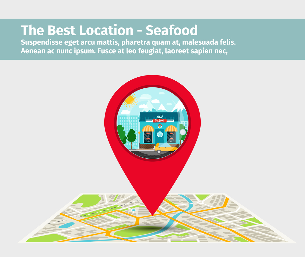 The best location seafood. Point on the map with building illustration, vector. The best location seafood