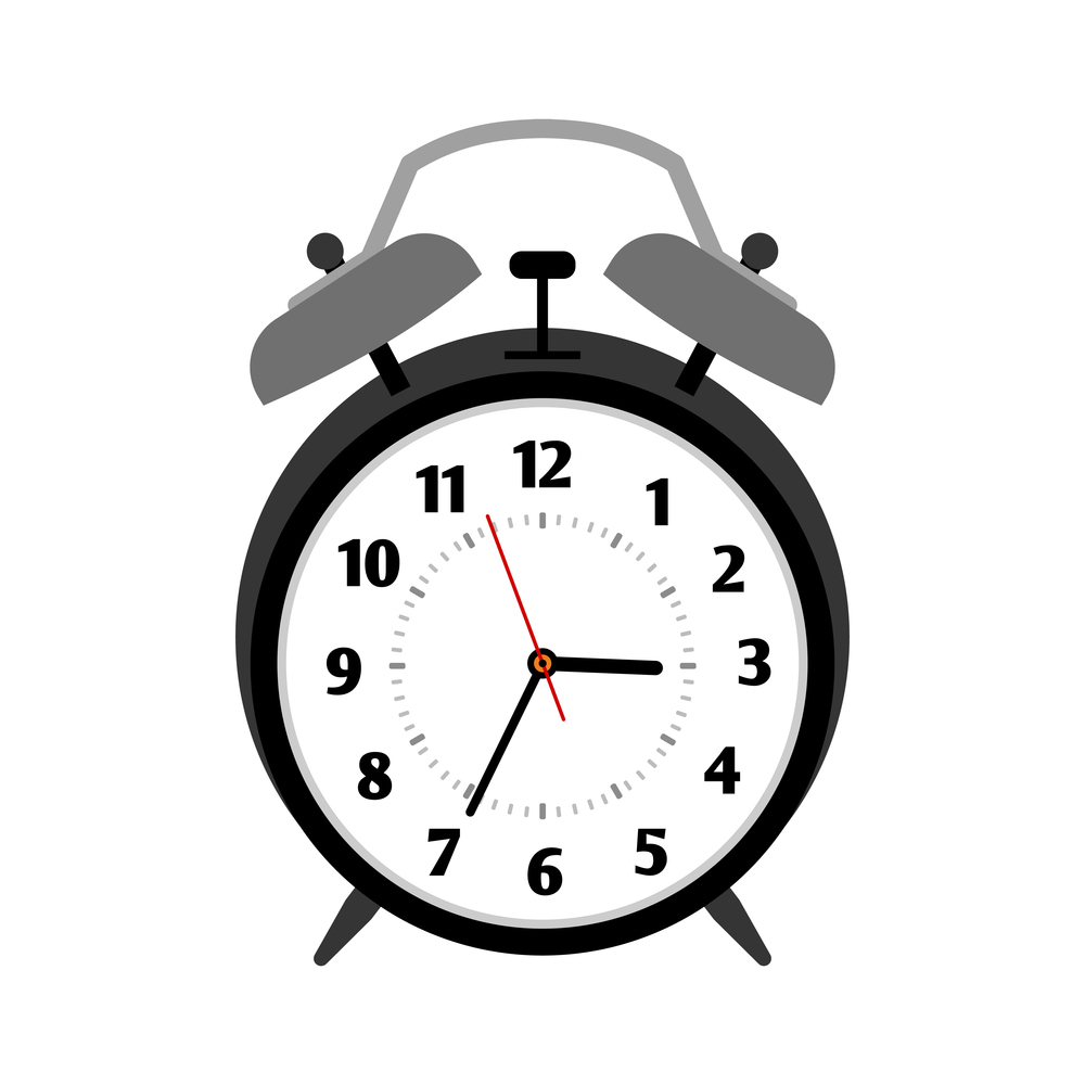 Classical black alarm clock isolated on white, vector illustration. Classical black alarm clock