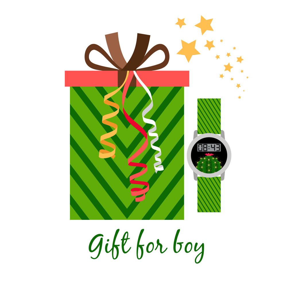 Gift box for boy with green hands watch vector illustration. Gift box for boy with watch