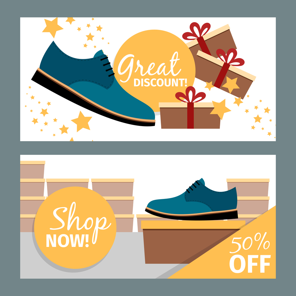 Men shoes horizontal flyers. Vector summer fashion model blue man shoe store and discount. Men summer blue shoe store flyers