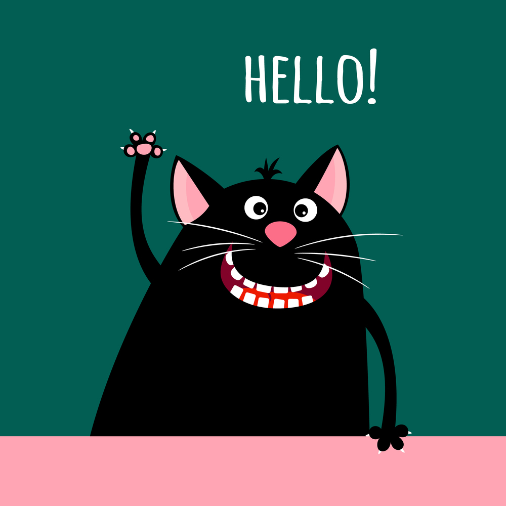 Greeting card with smiling cartoon cat and sign hello, vector illustration. Greeting card with smiling cartoon cat