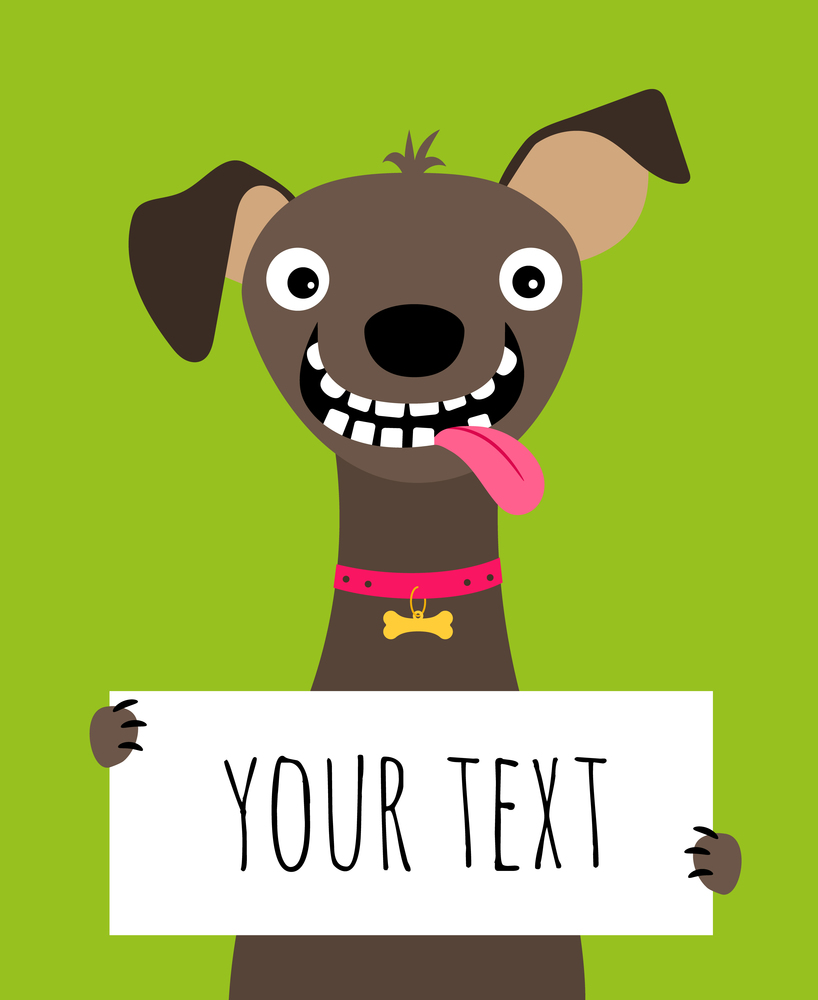 Card with happy dog holding text frame on green background, vector illustration. Happy dog and text frame card