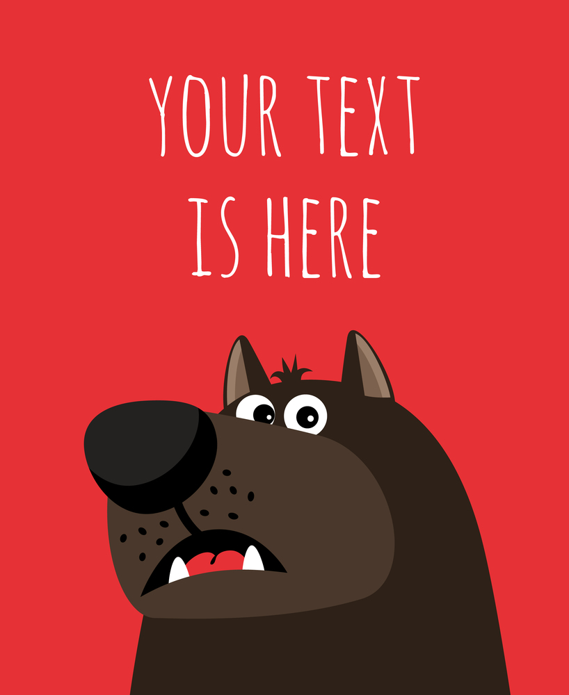 Card with dogs face and place for text on bright red background, vector illustration. Card with dogs face