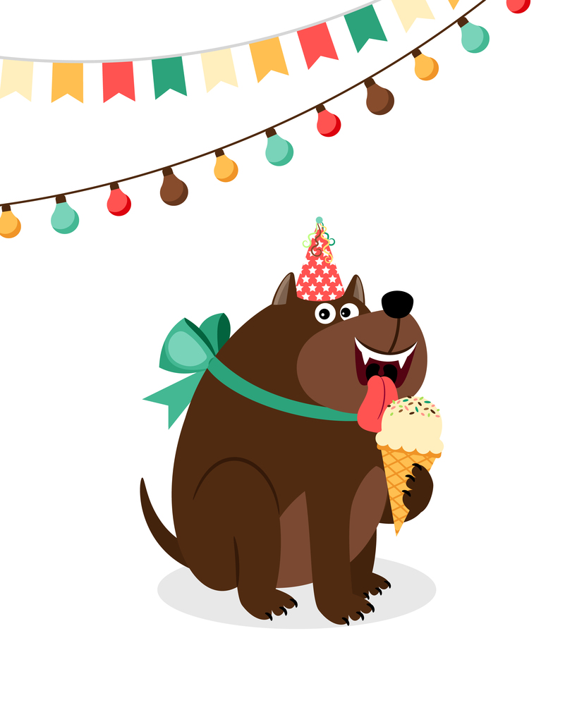Happy dog with ice cream and garlands greeting card template. Vector illustration. Happy dog with ice cream card