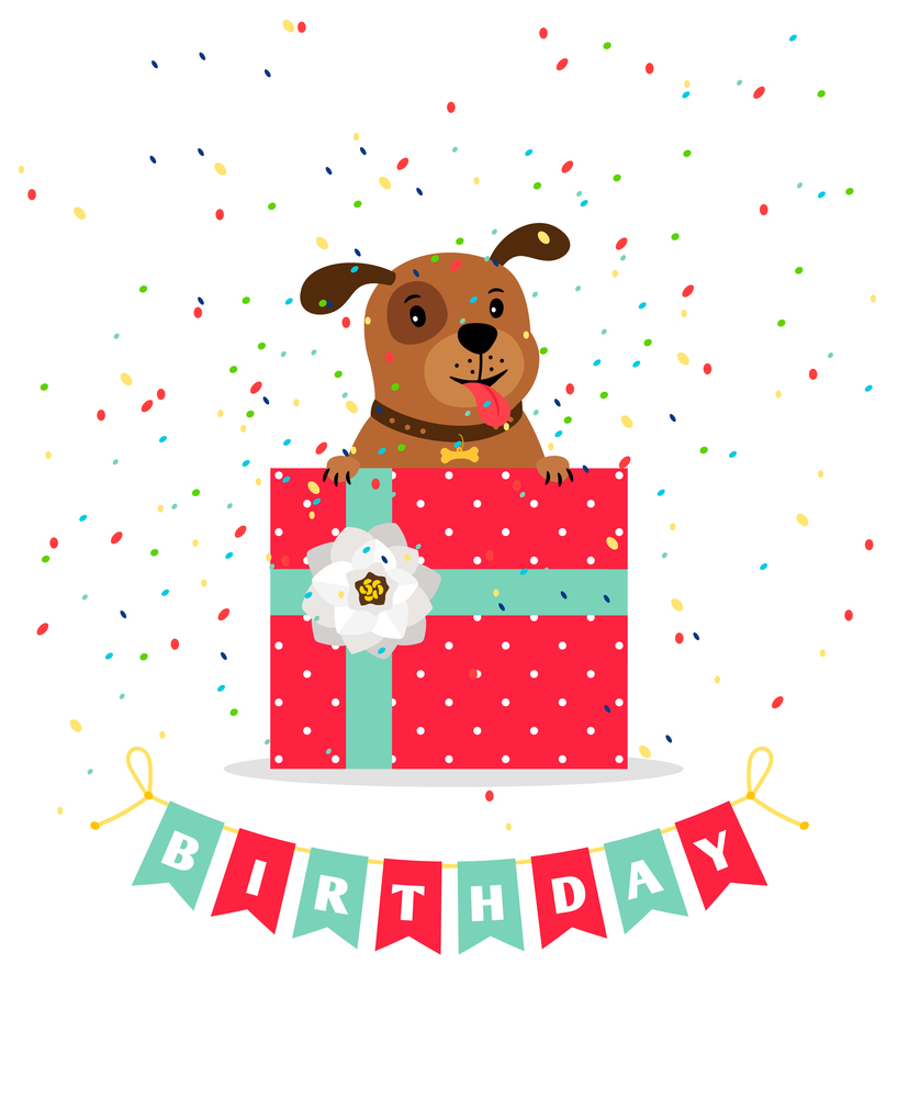 Birthday greeting card with dog, gift box and bouncing flags garland, vector illustration. Birthday greeting card with dog