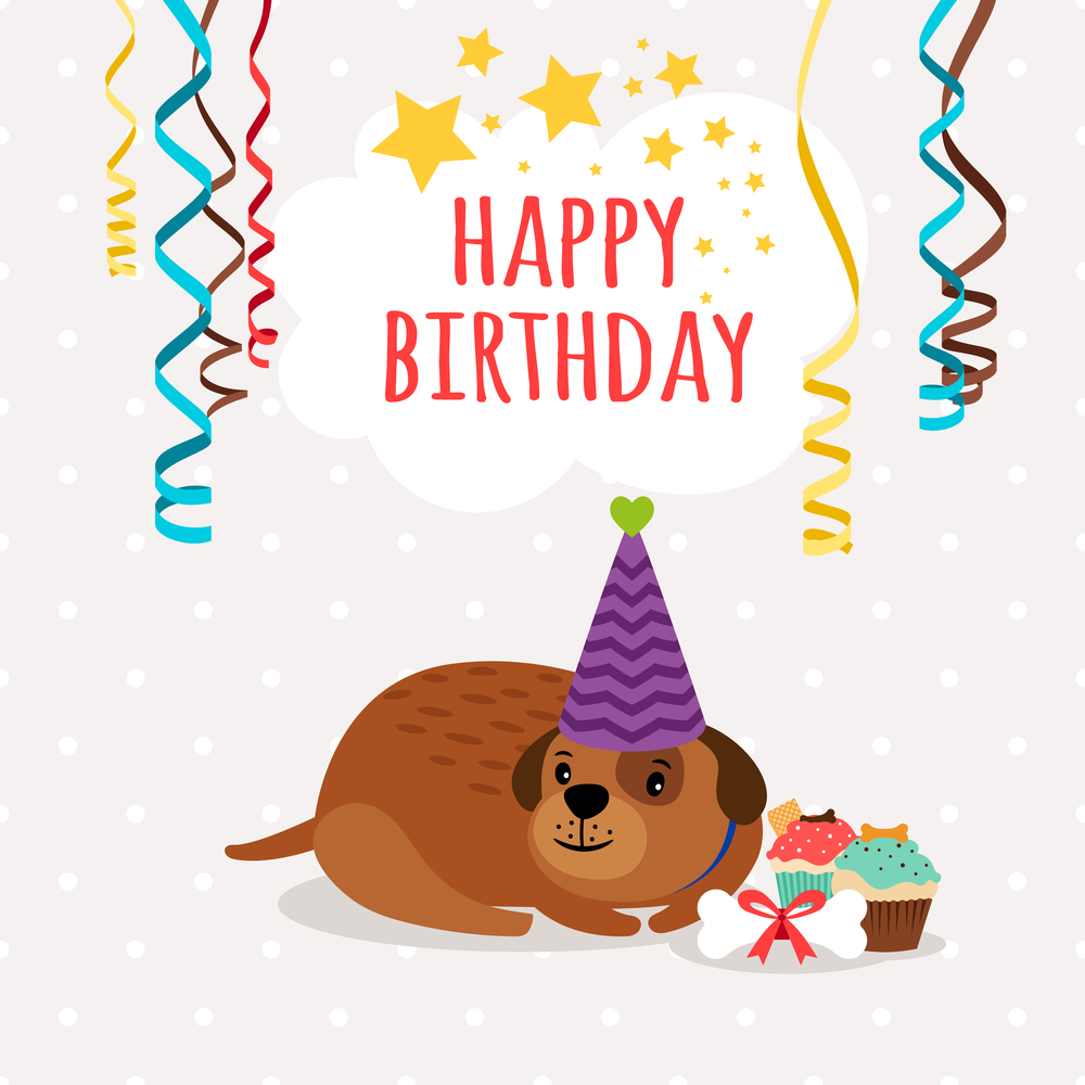 Happy birthday card with cute dog, cupcakes and serpentine, vector illustration. Cute dog and cupcakes birthday card