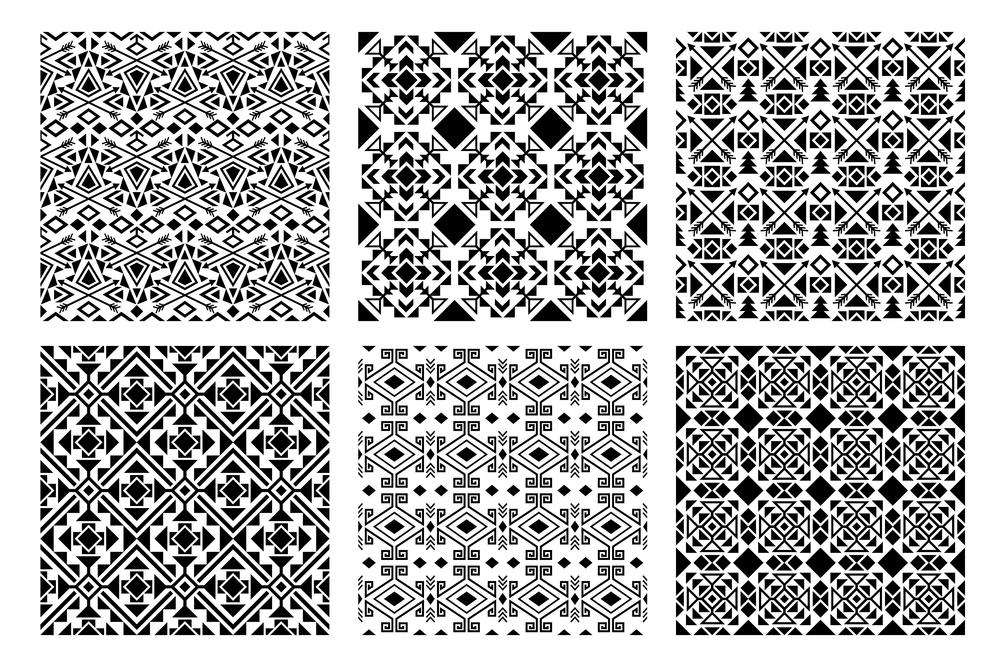 Ethnic decorative black and white patterns set, vector illustration. Ethnic monochrome patterns set