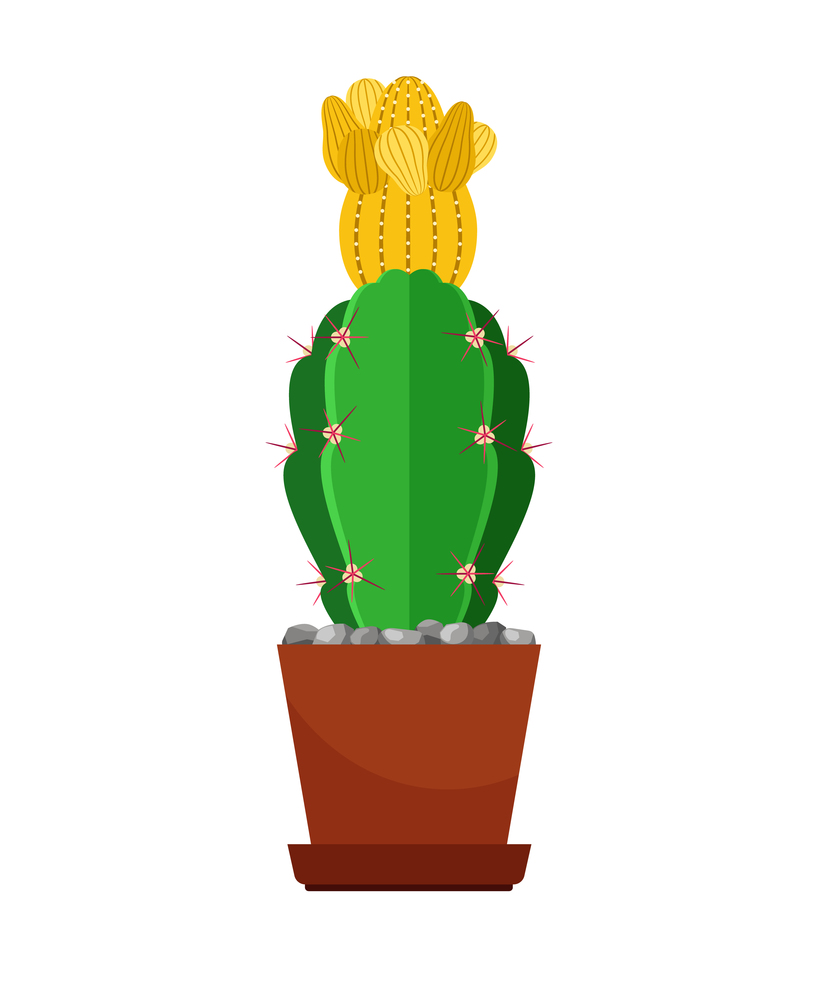 Cactus with yellow flower in ceramic pot. Houseplant vector icon on white background. Cactus with yellow flower