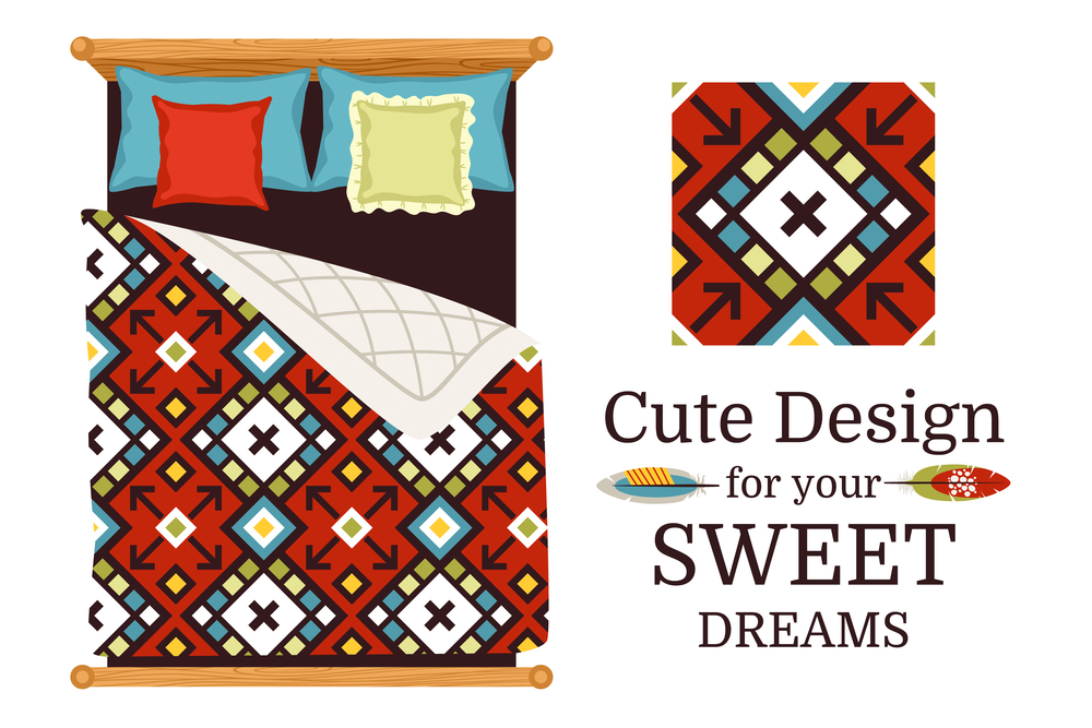 Sweet dreams ornamental pattern sample and bed sheets as an example, vector illustration. Ornamental pattern sample and bed