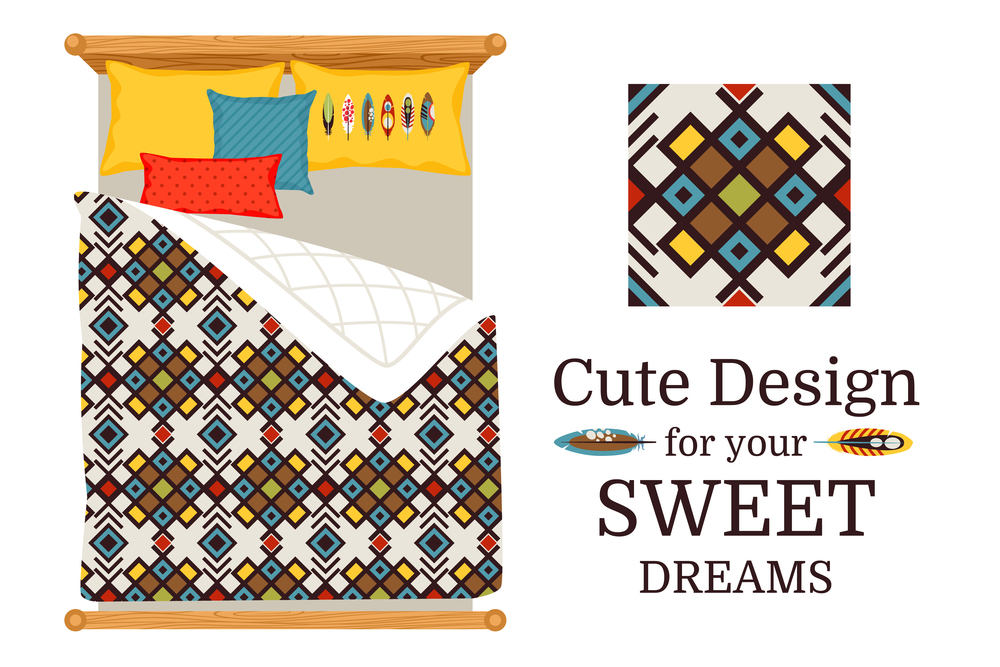 Sweet dreams deisgn bed sheets with decorative geometric ornamental pattern, and pattern piece, vector illustration. Sweet dreams bed sheets geometric pattern