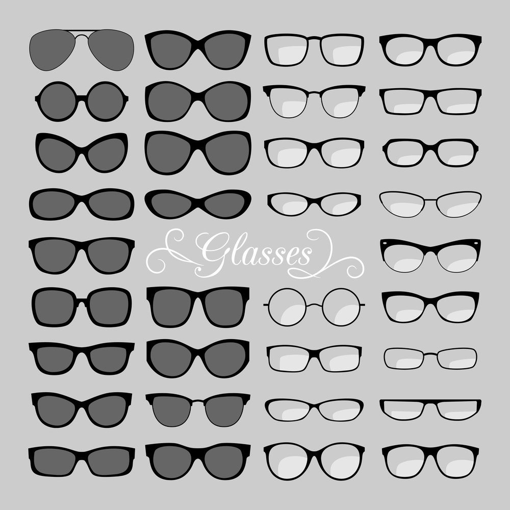 Glasses set. Black and fashion, for men and women eyes glasses, optical eyeglasses and sunglasses icons vector illustration. Glasses icons set