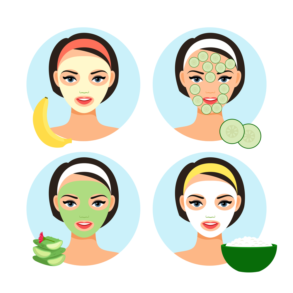 Natural facial masks. Homemade cosmetics facial mask set for cartoon cute girl face vector illustration. Natural facial masks