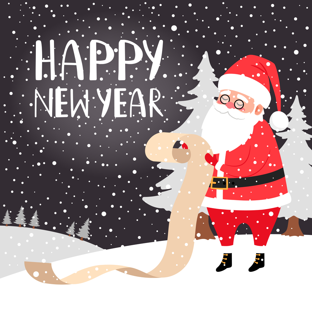 Santa reading long presents list in a forest, Happy new year greeting card, vector illustration. Santa reading presents list card