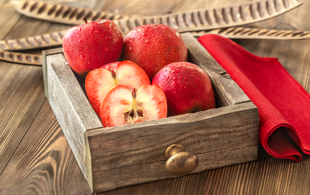Apples With Red Flesh in the wooden box