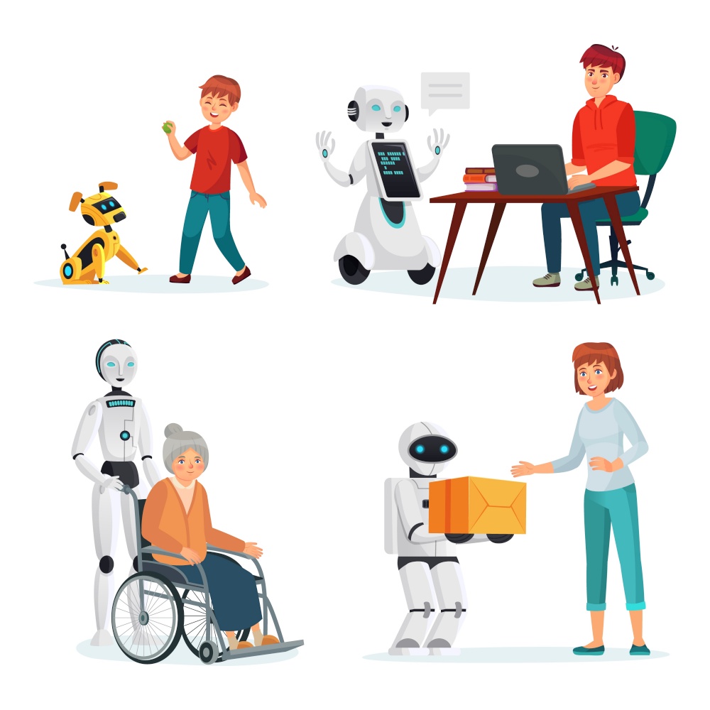 Robots interact with people in various situations. Vector intelligence helper and courier, pet dog computer illustration. Robots interact with people in various situations