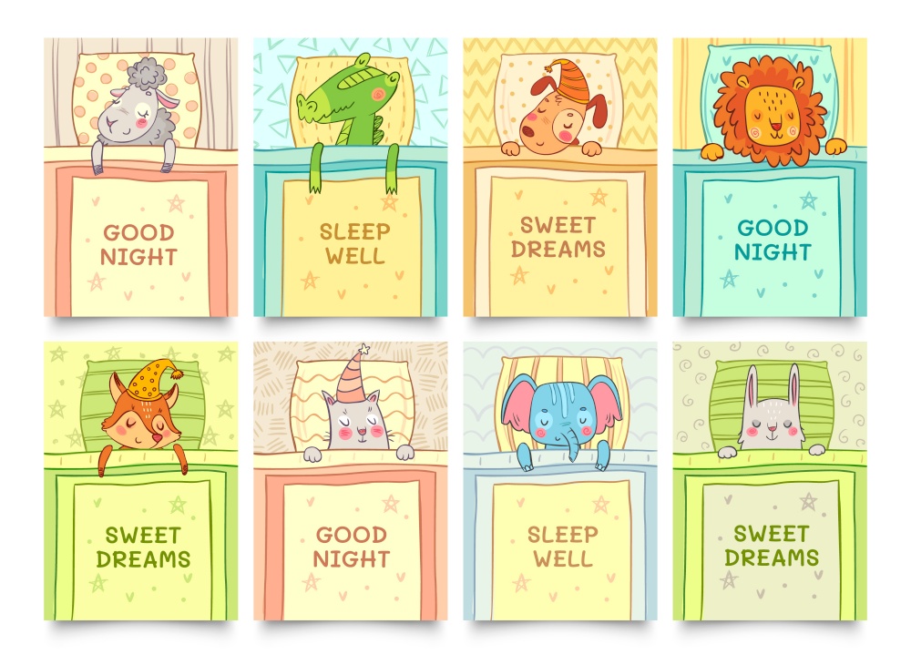 Sweet dreams card with sleeping animals set. Animal sleep sweet, bunny dreaming, crocodile sleeping. Vector illustration. Sweet dreams card with sleeping animals set