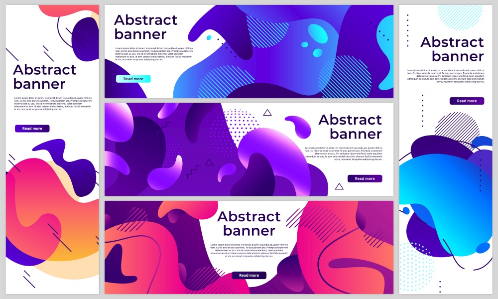Abstract gradient banners. Gradient fluid flyer, banner with colored liquid, modern bright fashion. Vector illustration. Abstract gradient banners. Gradient fluid flye colored