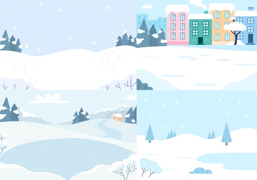 Winter landscapes colletion. Vector snow season christmas, nature cold card, outdoor scenery lake and covered snow illustration. Winter landscapes colletion. Vector snow season christmas
