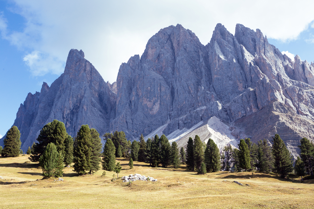 view of mountain landscape. puez odle nature park. Val Gardena to Alta Badia. Italy.