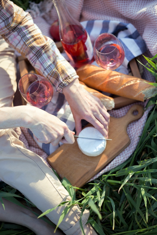 Summer - Provencal picnic in the meadow.  girl  cuts brie cheese  near a picnic basket and baguette, wine, glasses