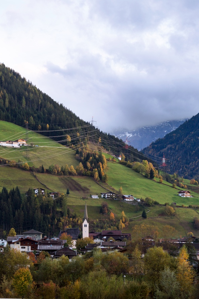 autumn landscape. beautiful view of the alpine villages against the backdrop of mountains