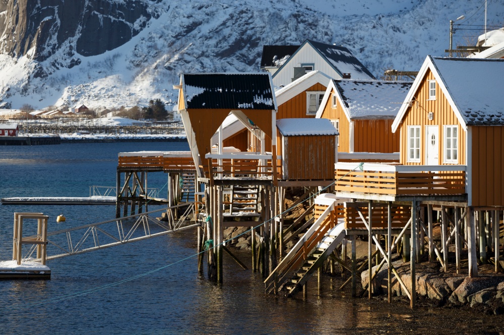 Beautiful morning winter Norwegian landscape. mountains and rorbu. lofoten islands, hamnoy. Norway