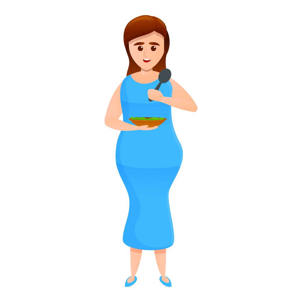 Pregnant girl with a plate icon. Cartoon of pregnant girl with a plate vector icon for web design isolated on white background. Pregnant girl with a plate icon, cartoon style